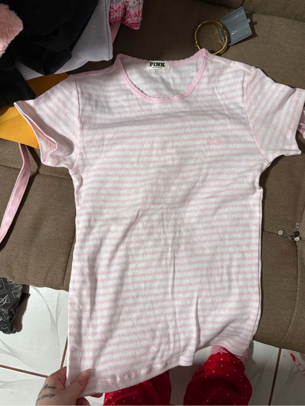PINK Victoria's Secret Girls' Light Pink Striped Short Sleeve Tee